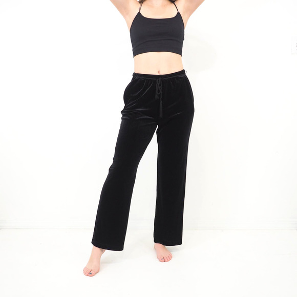 Vintage Black Velvet Pants Relaxed Fit Straight Leg Ankle Crop Size Small/Medium - Picture 2 of 9
